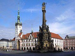 Horní náměstí (Upper Square) – the largest square in Olomouc (on right, the Holy Trinity Column; to the left, the Radnice (Olomouc City Hall) with its astronomical clock)