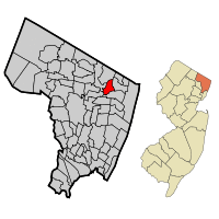 Map highlighting Harrington Park's location within Bergen County. Inset: Bergen County's location within New Jersey