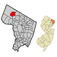 Map highlighting Ramsey's location within Bergen County. Inset: Bergen County's location within New Jersey.