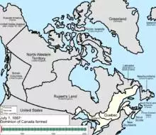 When Canada was formed in 1867 its provinces were a relatively narrow strip in the southeast, with vast territories in the interior. It grew by adding British Columbia in 1871, P. E. I. in 1873, the British Arctic Islands in 1880, and Newfoundland in 1949; meanwhile, its provinces grew both in size and number at the expense of its territories.
