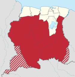 Map of Suriname showing Sipaliwini district (claimed territory in hatched area)