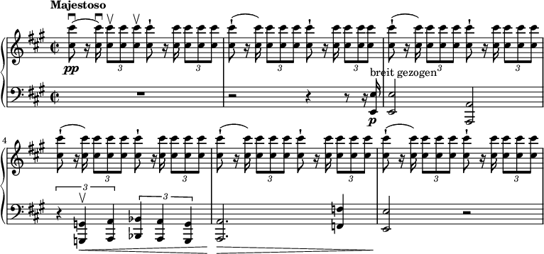  { \new PianoStaff << \new Staff \relative cis'' { \set Staff.midiInstrument = #"piano" \key a \major \clef treble \time 2/2 \set Score.tempoHideNote = ##t \tempo "Majestoso" 2 = 54 <cis cis'>8 \pp ( \downbow r16 <cis cis'>16\noBeam ) \downbow \once \override TupletBracket #'stencil = ##f \times 2/3 { <cis cis'>8 \upbow <cis cis'>8 <cis cis'>8 \upbow } <cis cis'>8 -! r16 <cis cis'>16\noBeam \once \override TupletBracket #'stencil = ##f \times 2/3 { <cis cis'>8 <cis cis'>8 <cis cis'>8 } | % 2 <cis cis'>8 ( -! r16 <cis cis'>16\noBeam ) \once \override TupletBracket #'stencil = ##f \times 2/3 { <cis cis'>8 <cis cis'>8 <cis cis'>8 } <cis cis'>8 -! r16 <cis cis'>16\noBeam \once \override TupletBracket #'stencil = ##f \times 2/3 { <cis cis'>8 <cis cis'>8 <cis cis'>8 } | % 3 <cis cis'>8 ( -! r16 <cis cis'>16\noBeam ) \once \override TupletBracket #'stencil = ##f \times 2/3 { <cis cis'>8 <cis cis'>8 <cis cis'>8 } <cis cis'>8 -! r16 <cis cis'>16\noBeam \once \override TupletBracket #'stencil = ##f \times 2/3 { <cis cis'>8 <cis cis'>8 <cis cis'>8 } | % 4 <cis cis'>8 ( -! r16 <cis cis'>16\noBeam ) \once \override TupletBracket #'stencil = ##f \times 2/3 { <cis cis'>8 <cis cis'>8 <cis cis'>8 } <cis cis'>8 -! r16 <cis cis'>16\noBeam \once \override TupletBracket #'stencil = ##f \times 2/3 { <cis cis'>8 <cis cis'>8 <cis cis'>8 } | % 5 <cis cis'>8 ( -! r16 <cis cis'>16\noBeam ) \once \override TupletBracket #'stencil = ##f \times 2/3 { <cis cis'>8 <cis cis'>8 <cis cis'>8 } <cis cis'>8 -! r16 <cis cis'>16\noBeam \once \override TupletBracket #'stencil = ##f \times 2/3 { <cis cis'>8 <cis cis'>8 <cis cis'>8 } | % 6 <cis cis'>8 ( -! r16 <cis cis'>16\noBeam ) \once \override TupletBracket #'stencil = ##f \times 2/3 { <cis cis'>8 <cis cis'>8 <cis cis'>8 } <cis cis'>8 -! r16 <cis cis'>16\noBeam \once \override TupletBracket #'stencil = ##f \times 2/3 { <cis cis'>8 <cis cis'>8 <cis cis'>8 } } \new Staff \relative e, { \set Staff.midiInstrument = #"piano" \key a \major \clef bass \time 2/2 R1 | % 2 r2 r4 r8 r16 <e e'>16 \p ^\markup{ {breit gezogen} } | % 3 <e e'>2 <a, a'>2 | % 4 \times 2/3 { r4 <g g'>4 \< \upbow <a a'>4 } \times 2/3 { <bes bes'>4 <a a'>4 <g g'>4 } | % 5 <a a'>2. \! \> <f' f'>4 | % 6 <e e'>2 \! r2 } >> } 