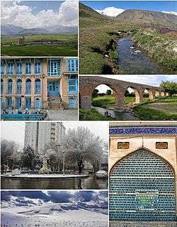 Top left: Outlook of Garrin Mountain, Top right: Vanai region, Second left: Nabavi House, Second right: Qaleh Hatam Bridge, Third left: Bahar Square, Bottom left: Zalian elevations, Bottom right: Soltani Mosque
