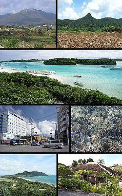 Top left: Mount Omoto, Top right: Mount Nosoko, 2nd row: Kabira Bay from Kabira Park, lower left: 730 Street in downtown Ishigaki, lower right: Shiraho natural reef, Bottom of left:Hirakubo peninsula from Tamatorizaki, Bottom right: Miyara old residence site