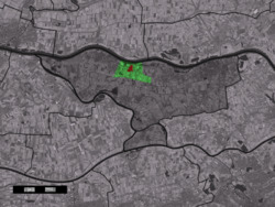 The village centre (red) and the statistical district (light green) of Zuilichem in the municipality of Zaltbommel.