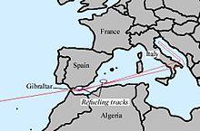 Diagram of the route that nuclear bomb-carrying B-52s would take to enemy countries. It follows the Mediterranean Sea, and passes over Italy before turning north over the Adriatic Sea.