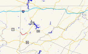 A map of far western Maryland showing major roads. Maryland Route 39 connects Oakland with West Virginia Route 7.