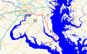 A map of southern Maryland showing major roads. Maryland Route 4 runs from Leonardtown through St. Mary's County, Calvert County, Anne Arundel County, and Prince George's County to Washington, D.C.