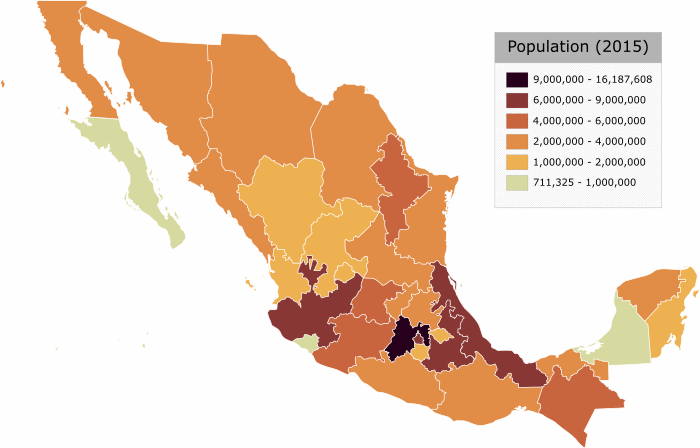 Map of each state's population as of 2015