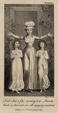 Drawing showing a female teacher holding her arms up in the shape of a cross. There is one female child on each side of her, both gazing up at her.