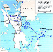 A map showing the island of Leyte, with an army planned to land on the northeastern part of the island and advance west