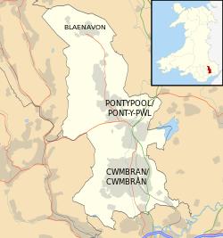 Map of Torfaen with principal towns and location in Wales in inset
