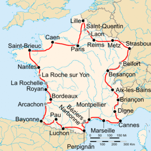 Route of the 1938 Tour de France followed counterclockwise, starting in Paris