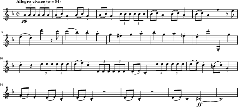 \version "2.14.1" \layout { #(layout-set-staff-size 16) } \relative c'' { \new Staff { \tempo "Allegro vivace" 1 = 84 \key f \major \time 2/2 \partial 2 \tuplet 3/2 { a8\pp[ a a] } \tuplet 3/2 { a[ a a] } \repeat unfold 3 { a( bes) g4-. } \repeat unfold 2 { \tuplet 3/2 { bes8[ bes bes] } } \repeat unfold 3 { bes( c) a4-. } f' r8 e \break e4( d) d' r8 c c4( bes) bes-. a-. g-. fis-. g-. a-. bes-. g-. a-. f!-. e-. c'-. g,,-. g''-. \break c,-. r \repeat unfold 2 { \tuplet 3/2 { d8[ d d] } } d( e) c4-. \repeat unfold 2 { \tuplet 3/2 { d,8[ d d] } } d( e) c4-. \repeat unfold 2 { \tuplet 3/2 { d'8[ d d] } } d( e) c4-. b8( c) g4-. f8( g) e4-. d8( e) c4-. \repeat unfold 2 { d8( e) c4-. r2 } d8( e) c4-. cis2~\ff cis \bar "|" } }