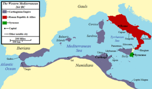 A map of the western Mediterranean showing the territory controlled by Carthage and Rome at the start of the First Punic War.