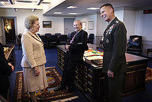 Margaret Thatcher, former Prime Minister of the United Kingdom, visits the Pentagon and shares a laugh with Secretary of Defense Donald H. Rumsfeld and Chairman of the Joint Chiefs of Staff Marine Gen. Peter Pace.