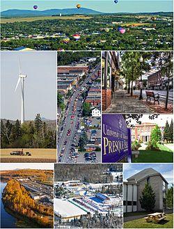 Clockwise, from top: Crown of Maine Balloon Fest in Presque Isle, Downtown, University of Maine at Presque Isle, Aroostook Band of Micmac headquarters and museum, Nordic Heritage Center, Aroostook Centre Mall, UMPI wind turbine, Main Street