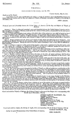 Treaty of Tripoli as communicated to Congress 1797.png