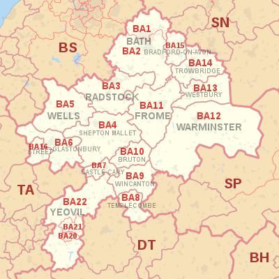 BA postcode area map, showing postcode districts, post towns and neighbouring postcode areas.