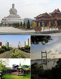 From top left, clockwise: Guanyin mountain, Humen Bridge, Keyuan, Dongguan Avenue