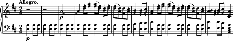  \relative b' { \new PianoStaff << \new Staff { \key b \minor \time 2/4 \tempo \markup { \column { \line { Allegro. } } } r2 r a2~\p a4 <d fis>8-. <fis a>8-. <fis a>8( <d fis>) <b d>8-. <d fis>8-. <d fis>8[( <a d>) <fis d'>8-. <a cis>8-.] <g b>4 <g b>8-. <g cis>8-. <fis a>4 <d' fis>8-. <fis a>8-. <fis a>8( <d fis>) <b d>8-. <d fis>8-. <d fis>8[( <a d>) <fis d'>8-. <a cis>8-.] <a b>4 <gis b>8 <gis cis>8 <cis, e a>4 } \new Dynamics { } \new Staff { \key b \minor \time 2/4 \clef bass <d, a'>4\p <d a'>8 <d a'> <d a'>4 <d a'>8 <d a'> <d a'>4 <d a'>8 <d a'> <d a'>4 <d a'>8 <d a'> <d a'>4 <d a'>8 <d a'> <d a'>4 <d a'>8 <d a'> <d b'>4 <d cis'>8 <d cis'> <d d'>4 <d a'>8 <d a'> <d a'>4 <d a'>8 <d a'> <d a'>4 <d a'>8 <d a'> <e d'>4 <e d'>8 <e cis'> <a, cis e a>4 } >> } 