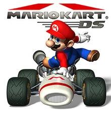 Video game box art. A video game character, Mario, leaps over a racing cart.