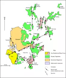 A map of the geology of Orkney. Hoy to the south-west is predominantly formed from Hoy/Eday Sandstones. The Mainland at the centre is largely Stromness flagstones with Rousay flagstones to the east. The smaller North and South Isles are a mixture of Eday and Rousay sandstones.