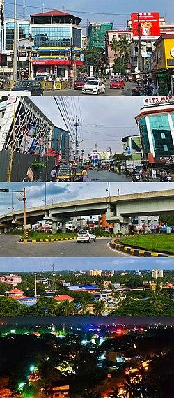 From top clockwise: IMA Junction,Near KSRTC Bus Stand,Chandranagar roundabout, Aerial view from Olavakode, Palakkad City Night View