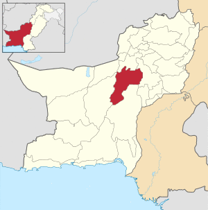 Map of Balochistan with Kalat District highlighted in maroon