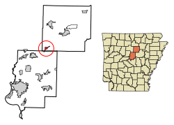 Location of Quitman in Cleburne County and Faulkner County, Arkansas.