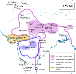 Approximate extent of the Gupta territories (purple) in 375 CE.