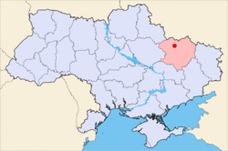 Map of Ukraine with Derhachi highlighted