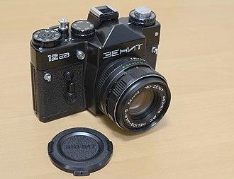 ZENIT 12SD (XP) camera, manufactured on May 27 1991 in USSR on Krasnogorsk plant, serial number 91023463, lens serial number 91189821