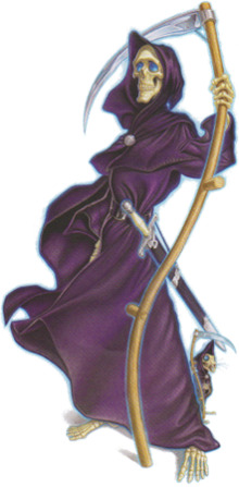A skeletal figure, wearing dark purple robes, with a scabbard at his waist and holding a scythe. At his feat a skeletal rat, also hooded in a purple robe.