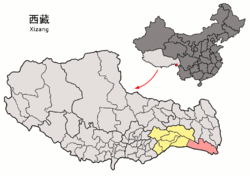 Location of Zayü County (red) within Nyingchi City (yellow) and the Tibet Autonomous Region
