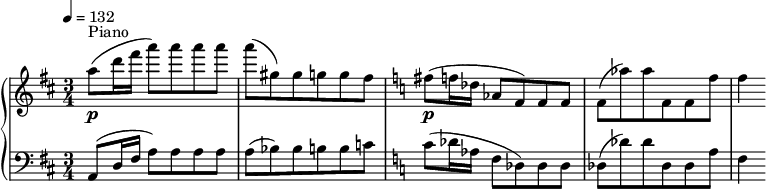 { \new PianoStaff << \new Staff \relative c'' { \clef treble \time 3/4 \key d \major \tempo 4 = 132 a'8(\p^"Piano" d16 fis a8) a a a | a( gis,) gis g g fis | \key c \major fis(\p f16 des aes8 f) f f | f( aes') aes f, f f' | f4 } \new Staff \relative c' { \clef bass \key d \major \time 3/4 a,8( d16 fis a8) a a a | a( bes) bes b b c | \key c \major c( des16 aes f8 des8) des des | des( des') des des, des a' | f4 } >> }