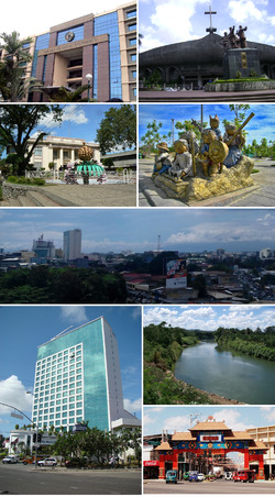 (From top, left to right): Ateneo de Davao, San Pedro Cathedral, City Hall of Davao, People's Park, Skyline of Davao City, Marco Polo Hotel Davao, Davao River, Davao Chinatown