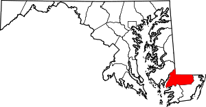 Map of Maryland highlighting Wicomico County