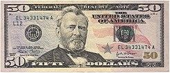 Paper currency, double image of obverse (with Grants image) and reverse (with Capitol building image)