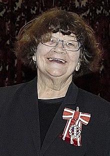 Black and white photo of Joy Cowley smiling