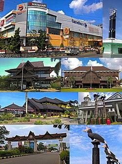 From top, left to right: Shopping complex in South Pontianak, The North Pontianak Equatorial Monument, Some of the official government buildings, Traditional Malay House, Traditional Borneo birds sculpture, Road gate of Pontianak city, Enggang Badak sculpture.