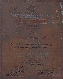 United Nations Postal Administration Plaque of Recognition