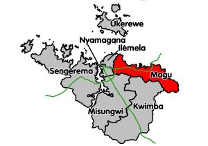 Magu District's location within Mwanza Region. Trunk roads in green.