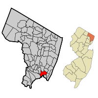 Map highlighting Ridgefield's location within Bergen County. Inset: Bergen County's location within New Jersey.