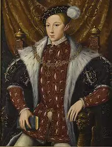 Formal portrait in the Elizabethan style of Edward in his early teens. He has a long pointed face and a small full mouth.