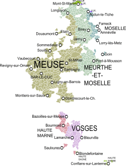 The Duchy of bar in the 17th century, as against the modern administrative divisions of France