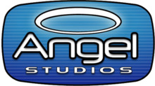 A halo and the words "Angel" and "Studios", the latter entirely in upper-case letters, aligned vertically and enclosed within a blue oval that has a black outline and a horizontally striped overlay