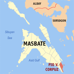 Map of Masbate with Pio V. Corpuz highlighted