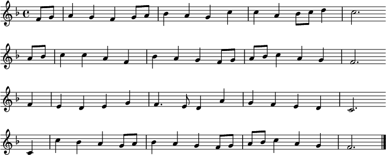 \new Staff << \clef treble \key f \major { \time 4/4 \partial 4 \relative f' { f8 g | a4 g f g8 a | bes4 a g c | c a bes8 c d4 | c2. \bar"" \break a8 bes | c4 c a f | bes a g f8 g | a bes c4 a g | f2. \bar"" \break f4 | e d e g | f4. e8 d4 a' | g f e d | c2. \bar"" \break c4 | c' bes a g8 a | bes4 a g f8 g | a bes c4 a g | f2. \bar"|." } } %\new Lyrics \lyricmode { %} >> \layout { indent = #0 } \midi { \tempo 4 = 86 }