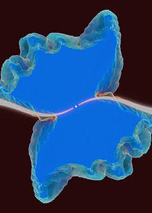 Central star has elongated S shaped curve of white emanating in opposite directions to the edge. A butterfly-like area surrounds the S shape with the S shape corresponding to the body of the butterfly.